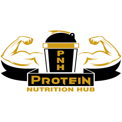 Logo of Protein Nutrition Hub with a protein shaker and flexed muscles on a white background